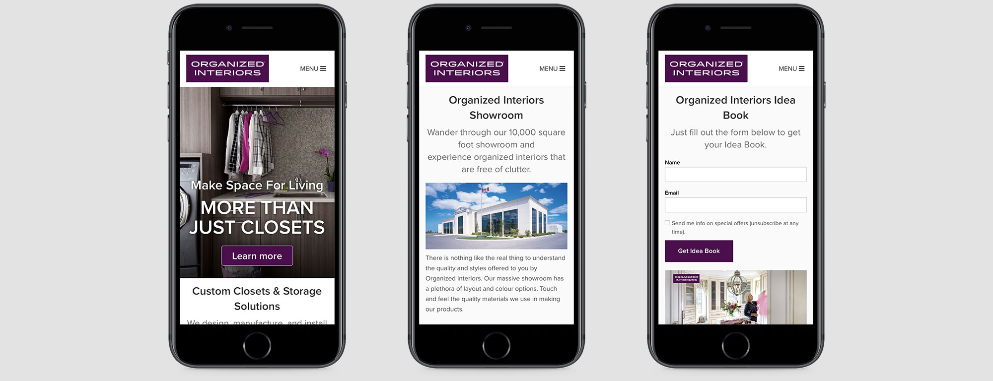 Organized Interiors website on mobile phones